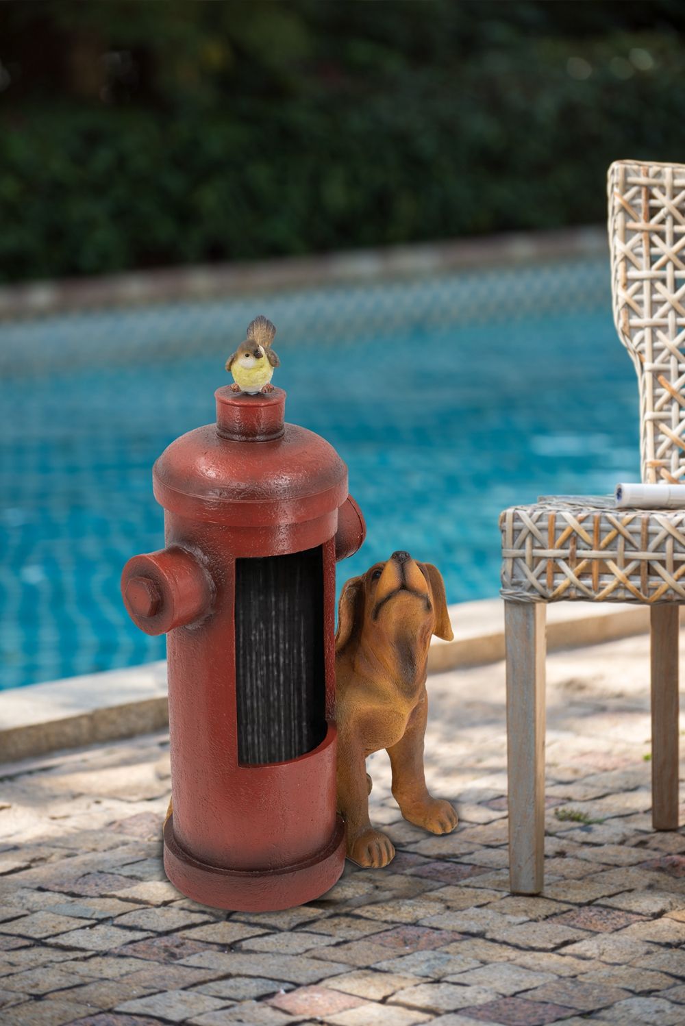 Red Fire Hydrant Water Fountain with Dog and Bird Accents