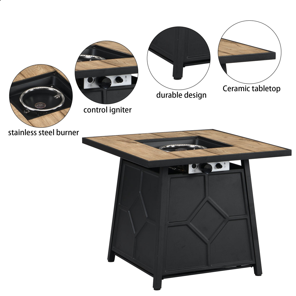 Fire Pit Table 28-Inch Square 40,000 BTU Propane Gas with Waterproof Cover