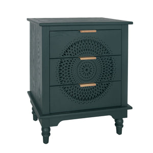 Hollow Carved 3 Drawer Dresser With Metal Handles, Storage Chest For Living Room Or Bedroom - Blackish Green