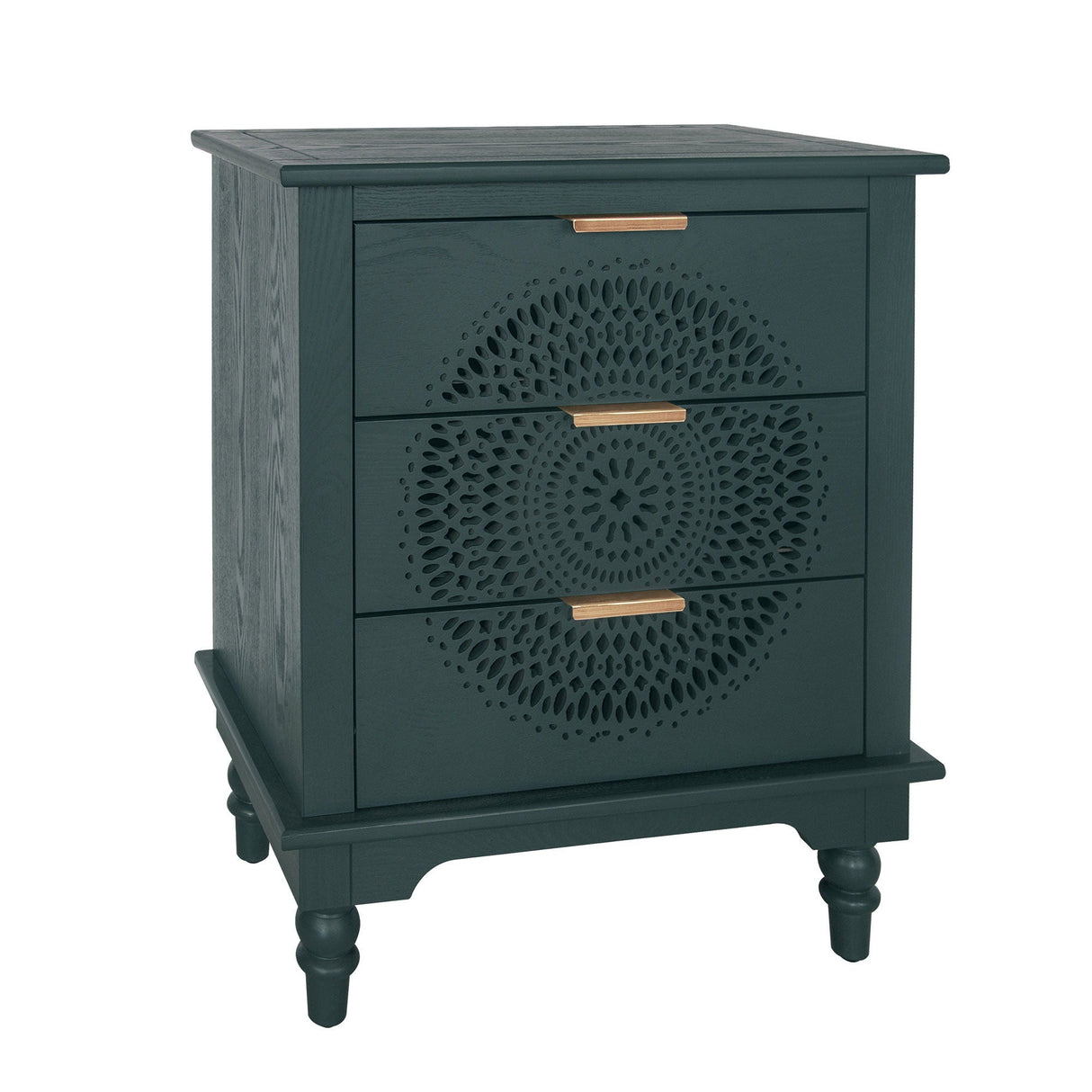 Hollow Carved 3 Drawer Dresser With Metal Handles, Storage Chest For Living Room Or Bedroom - Blackish Green