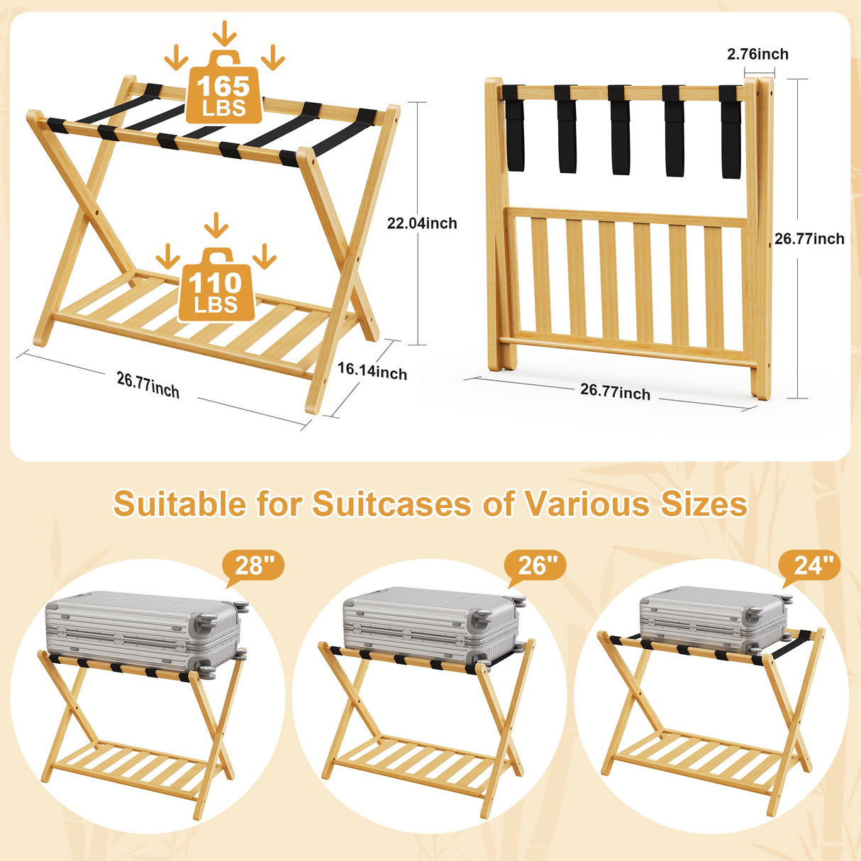 Folding Bamboo Luggage Rack with Lower Storage Shelf