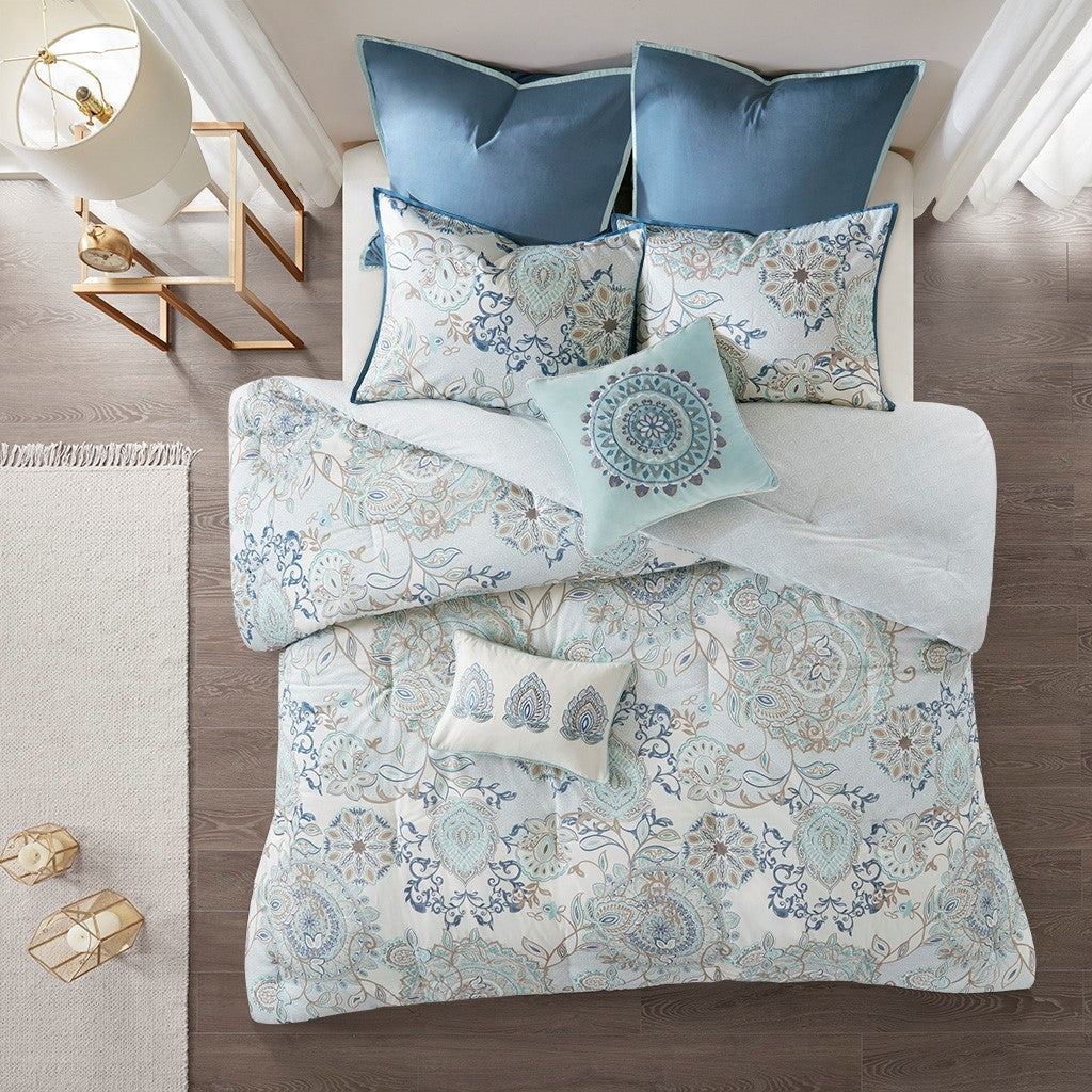 8 Piece Cotton Floral Printed Reversible Comforter Set Blue