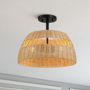 Twinkle - Double Lights Semi Flush With Shade - Black / Rattan