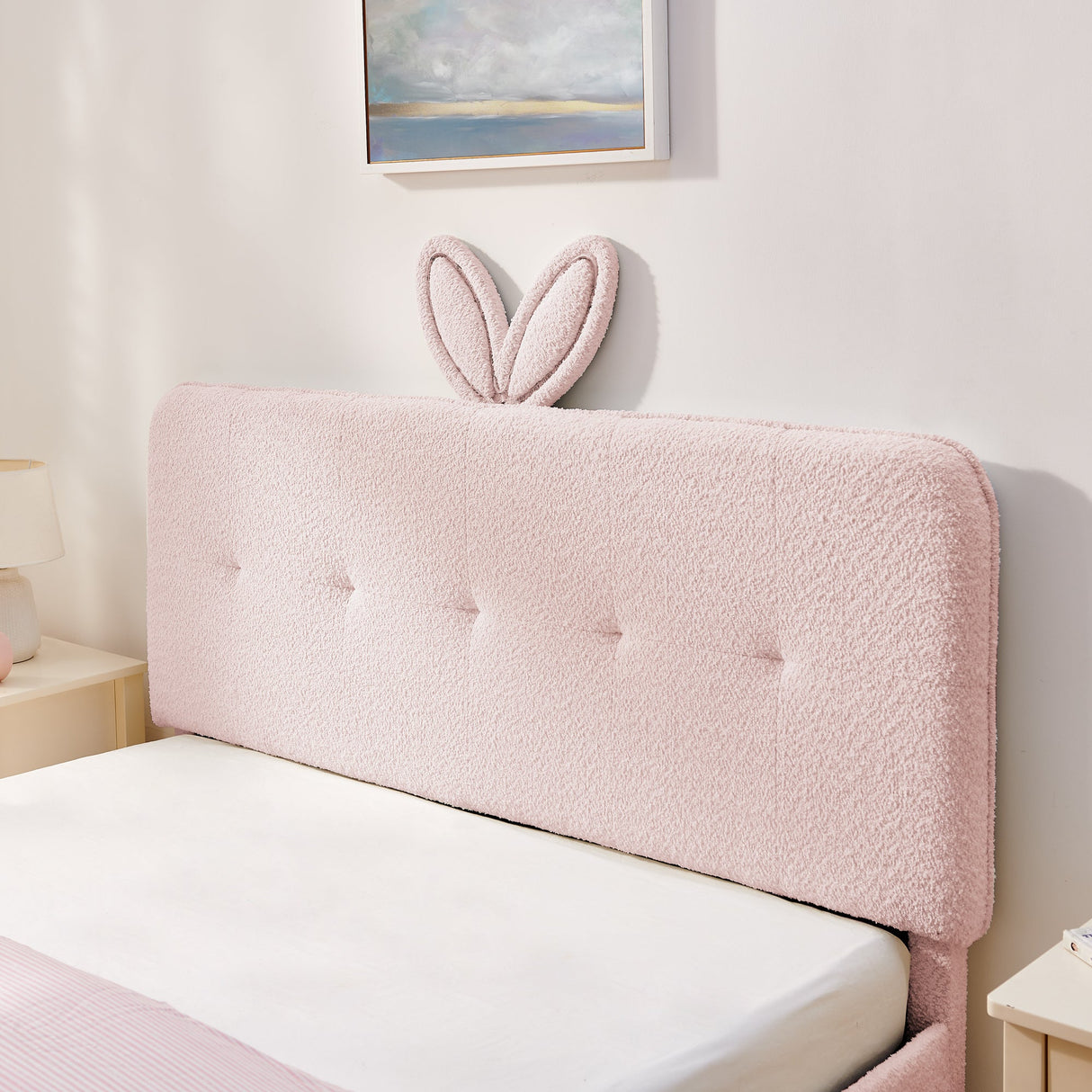 Queen Size Kids Upholstered Bed with Oversized Rabbit Ear Headboard, LED Light & 4 Storage Drawers, Boucle Fabric (84.5''X62.75''X41'')