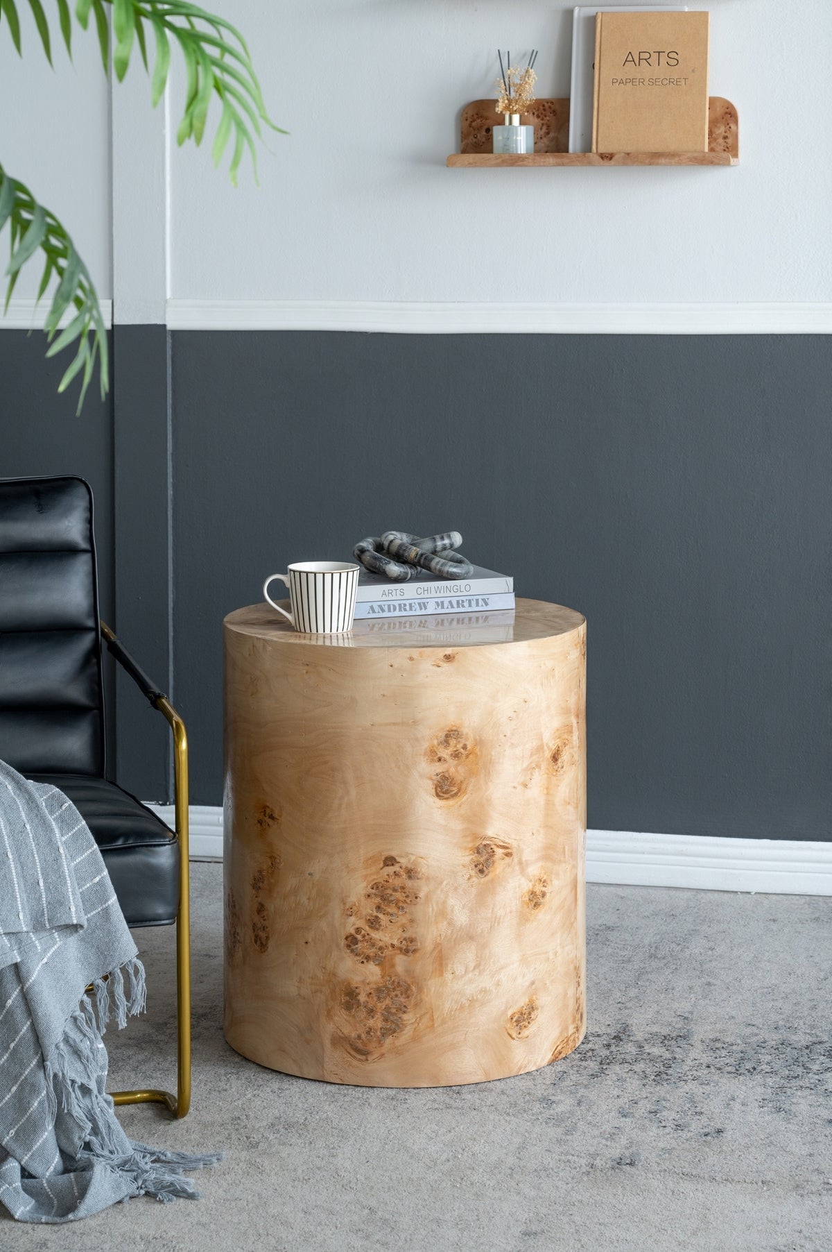 20x20x24 Burl Wood Brown Cylinder Side Table