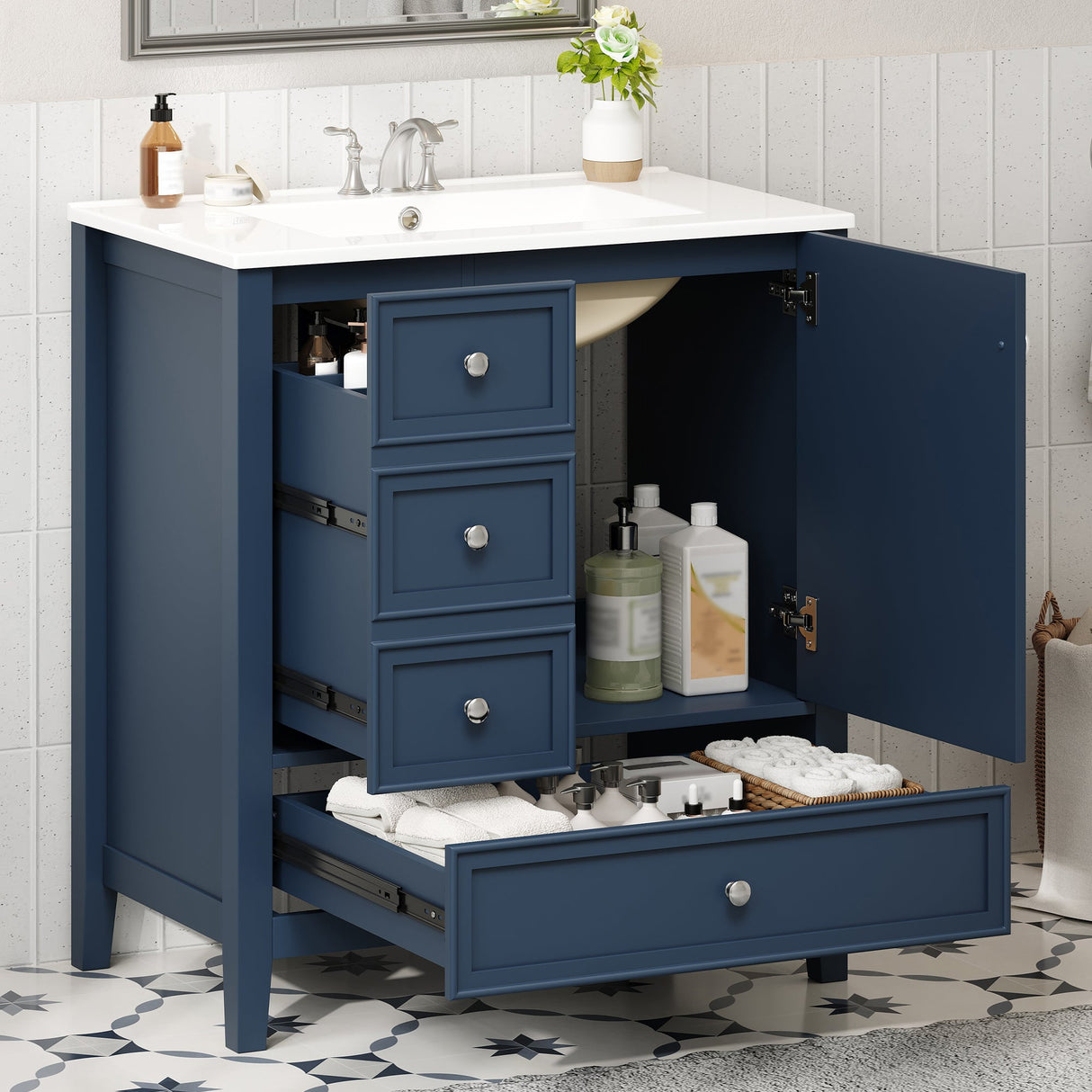 30" Bathroom Vanity with Sink, One Cabinet and Three Drawers