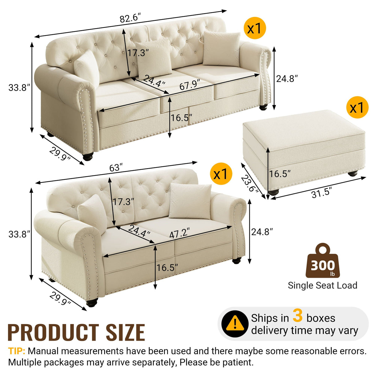 Upholstered Sofa Set With Nailhead Trim and Rolled Armrests, Includes Pillows
