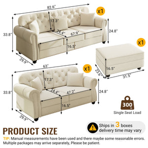 Upholstered Sofa Set With Nailhead Trim and Rolled Armrests, Includes Pillows