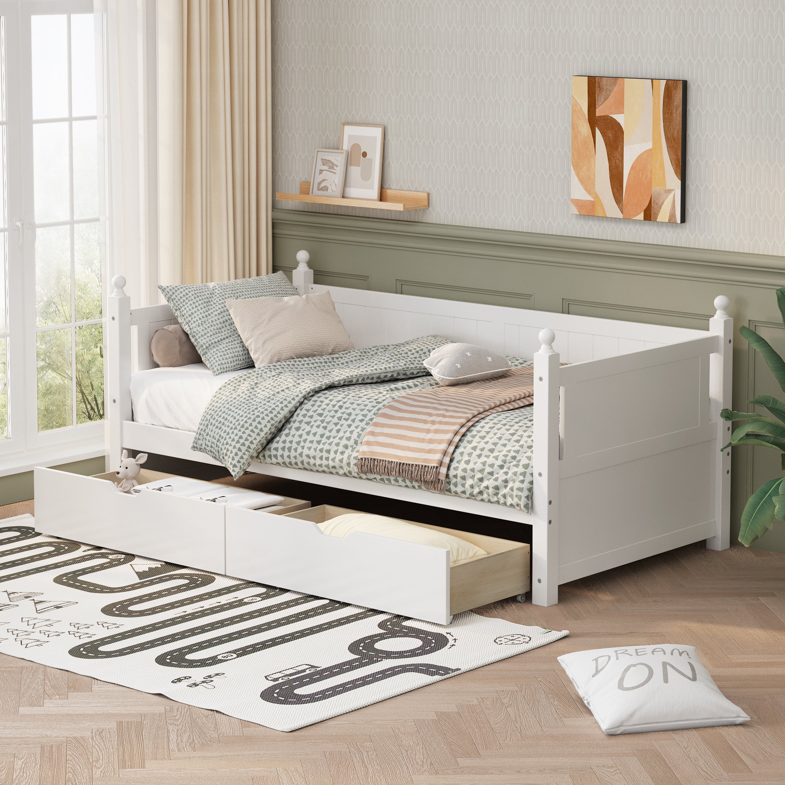 Twin-Size-Solid-Wood-Daybed-with-2-drawers-for-Limited-Space-Kids,-Teens,-Adults,-No-Need-Box-Spring,-White-Kids-Beds