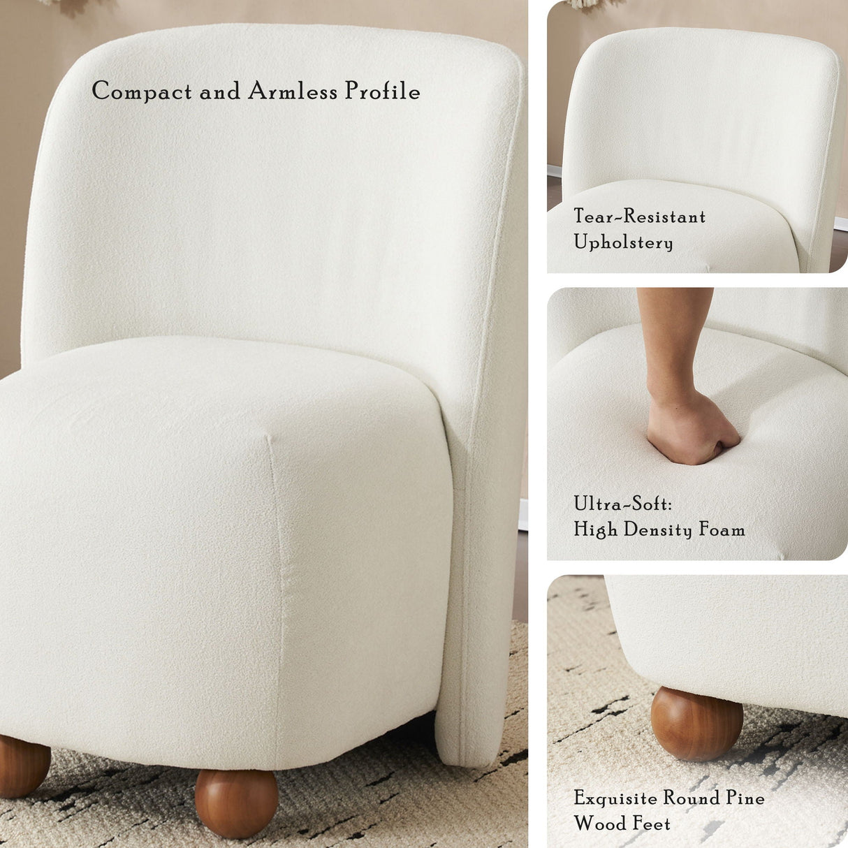 Modern Low Back Accent Upholstered Armless Living Room Chairs, Round Feet