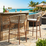 Lodi Outdoor Metal Rope Barstool, Teak Finished Frame and Beige Cushion, Set of 2