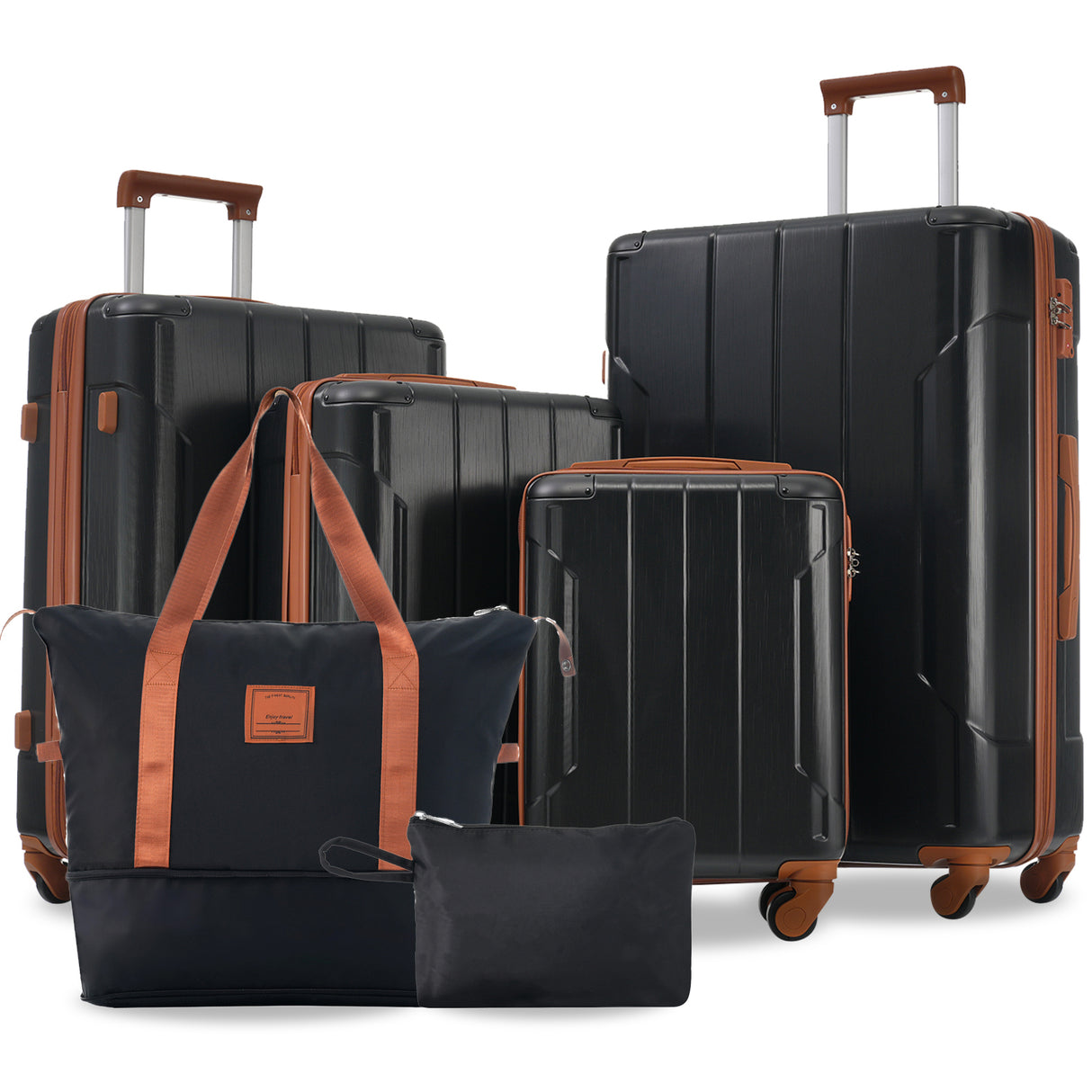 Hardshell-6-pc-luggage-set,-expandable-lightweight-with-wheels,-TSA-Lock,-Black-with-Brown-Luggage-Sets