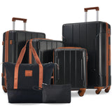 Hardshell-6-pc-luggage-set,-expandable-lightweight-with-wheels,-TSA-Lock,-Black-with-Brown-Luggage-Sets