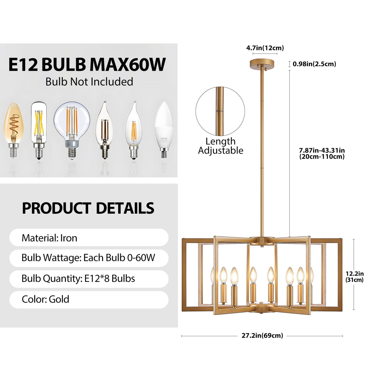 27" Modern Golden Geometric 8-Light Chandelier