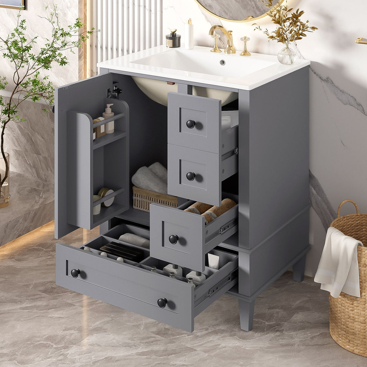 Bathroom Vanity With Integrated Basin, Soft Close Drawers, Door Mounted Double Layer Shelf