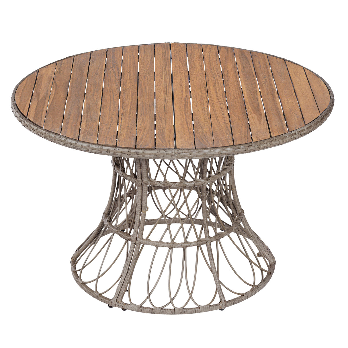 5-Piece Outdoor Dining Set: Brown Round Acacia Wood Table & 4 Brown Wicker Armchairs