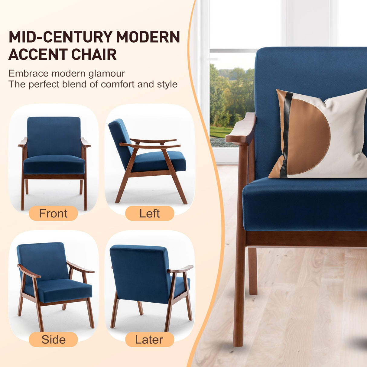 Mid Century Modern Accent Chair With Solid Wood Frame And Extra Thick Backrest