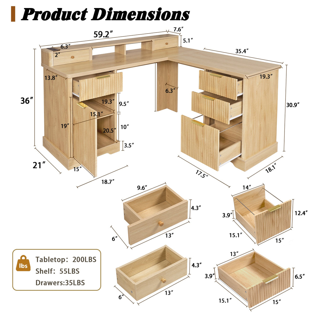 59" Modern Fluted L-Shaped Desk with Charging Station & Storage