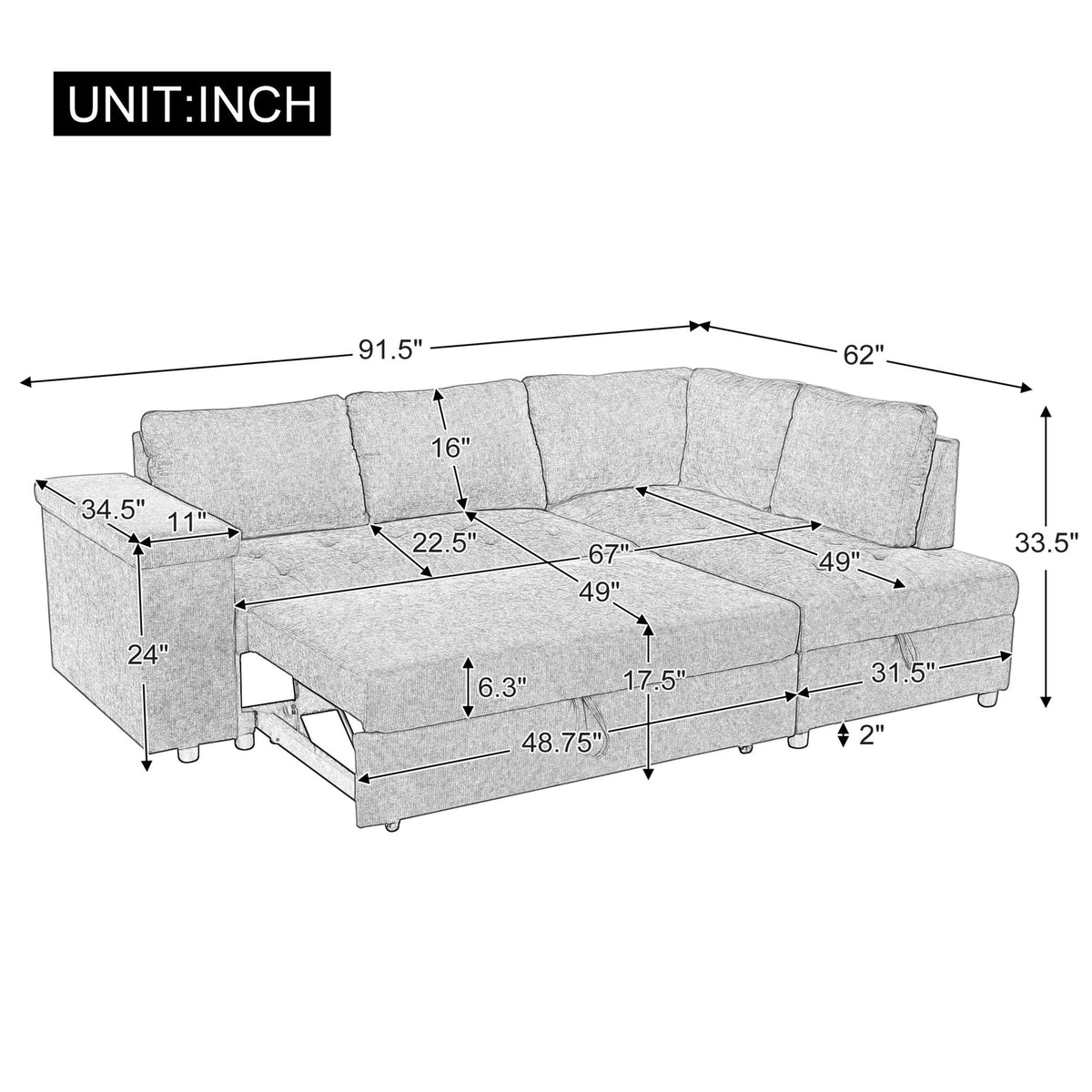L Shaped Couch With Pull Out Bed And Storage Sectional Sleeper Sofa