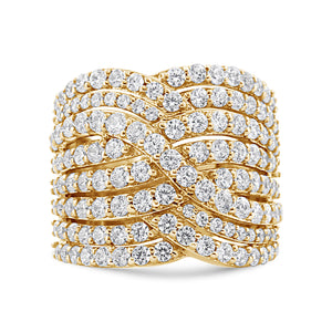 10K Yellow Gold 3.0 Cttw Diamond Eight-Row Bypass Crossover Statement Band Ring (H-I Color, I2-I3 Clarity) - Size 7