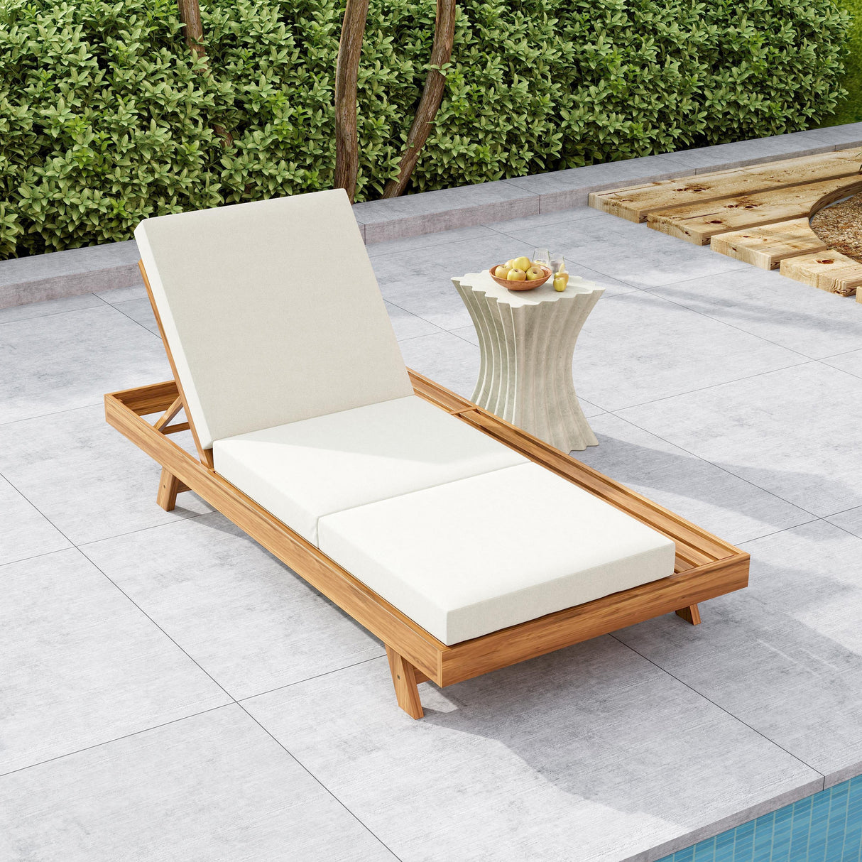 Lounge Chaise Set with Acacia Solid Wood and Cream Cushion