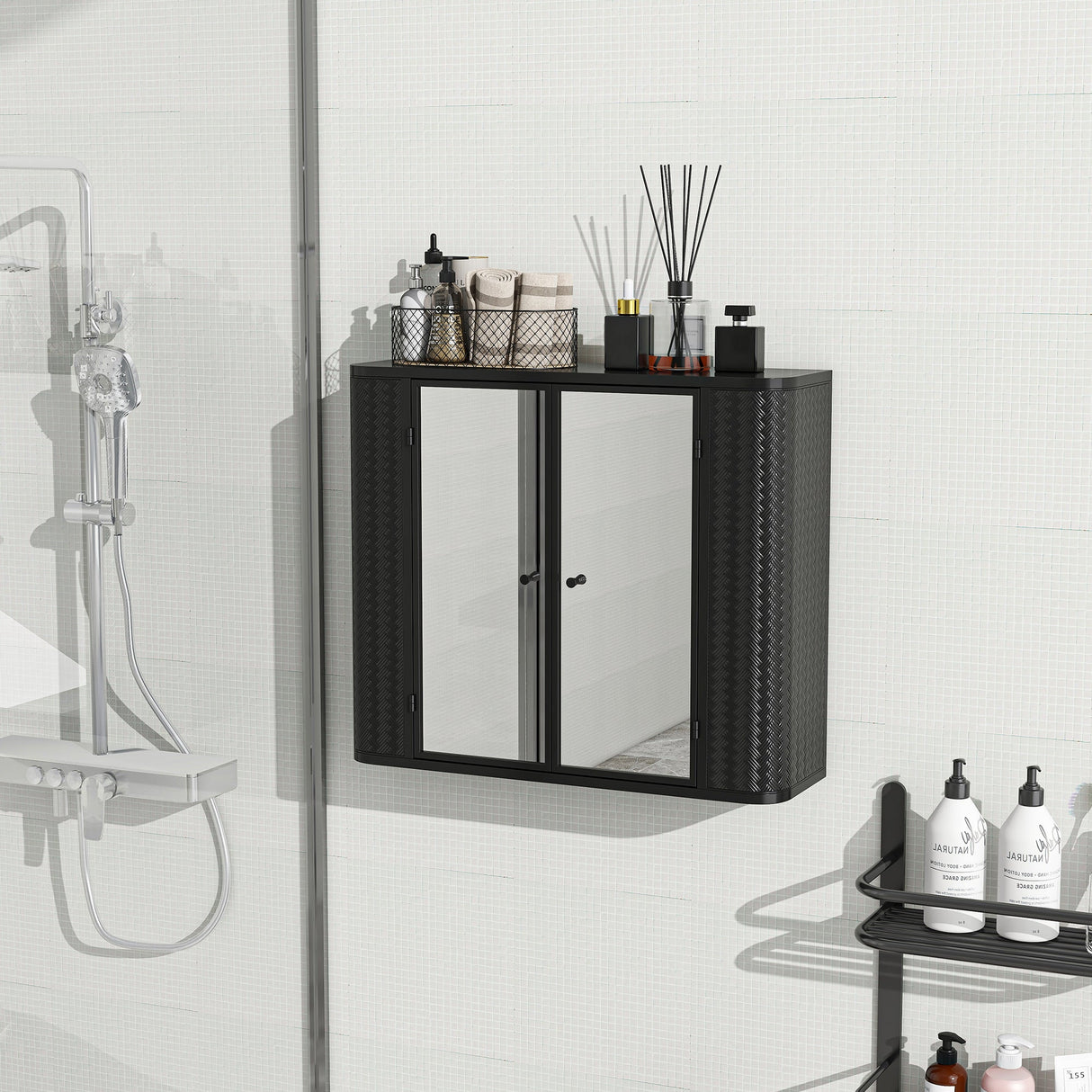 Black Wall-Mounted Bathroom Cabinet with Mirror, 2 Mirrored Doors & Open Shelf