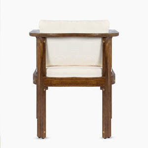Outdoor Dining Chair Set of 2 with Curved Acacia Wood Arms, Brown Finish and Cream Cushions
