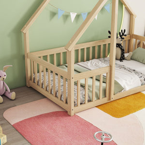 Wood House-Shaped Floor Bed With Fence, Guardrails