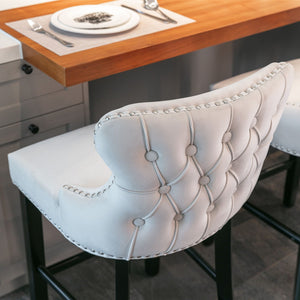 Contemporary Upholstered Wing-Back Barstools With Button Tufted Decoration And Wooden Legs, And Nailhead Trim, Leisure Style Bar Chairs, Bar Stools (Set of 2)