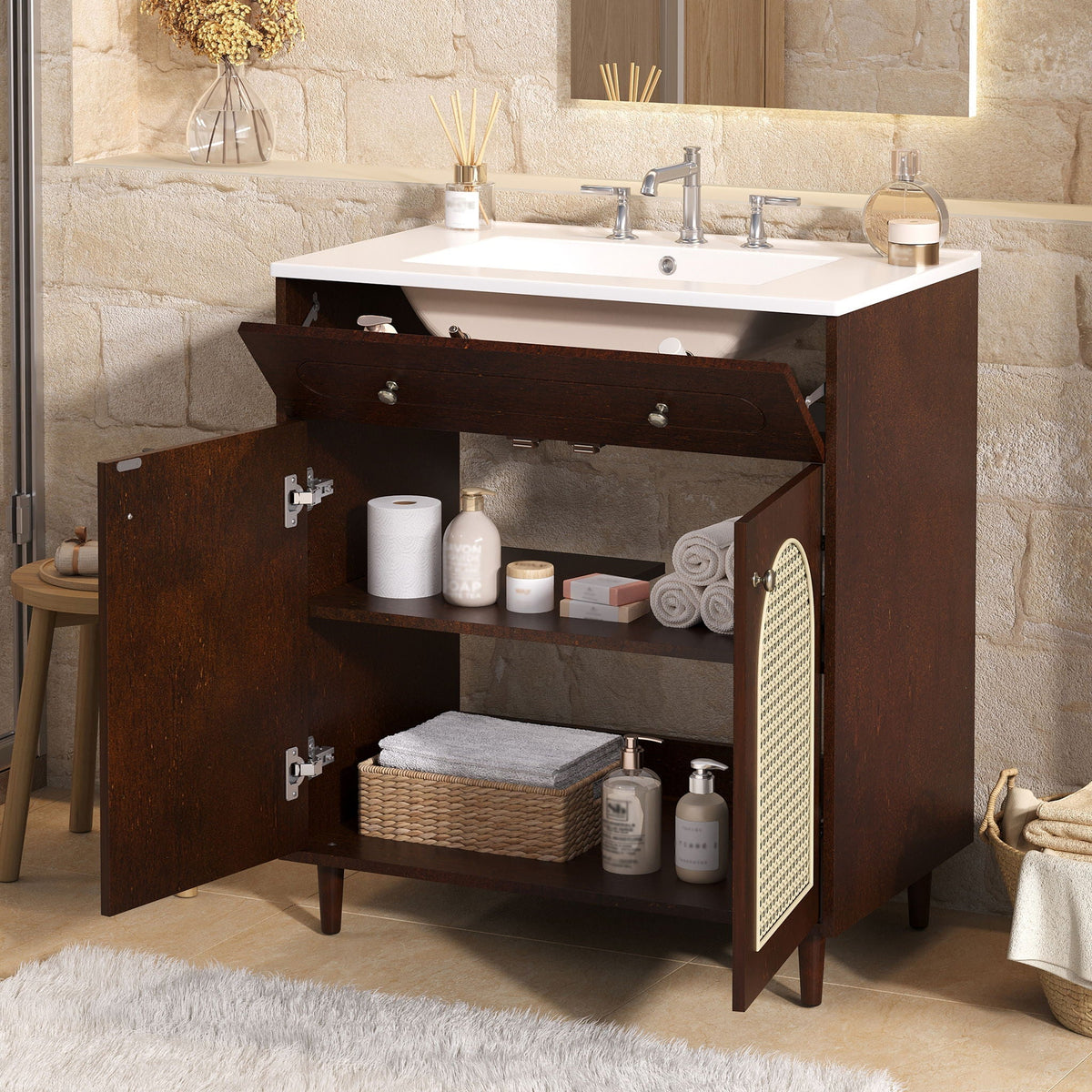 Modern Bathroom Vanity with Ceramic Sink and Adjustable Shelf - Dark Brown or White
