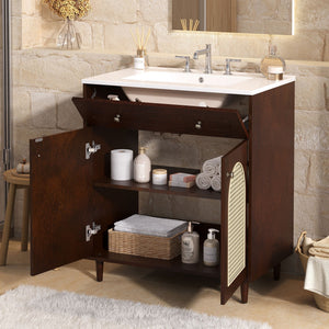 Modern Bathroom Vanity with Ceramic Sink and Adjustable Shelf - Dark Brown or White