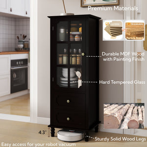 Black Tall Storage Cabinet with Glass Door & 2 Drawers