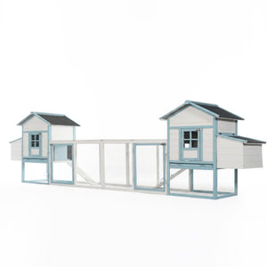 Large Wooden Chicken Coop with Double Nesting Boxes, Outdoor Walk-In Chicken Run with Waterproof Asphalt Roof, Fir Wood Poultry Cage with Pull-Out Dropping Trays