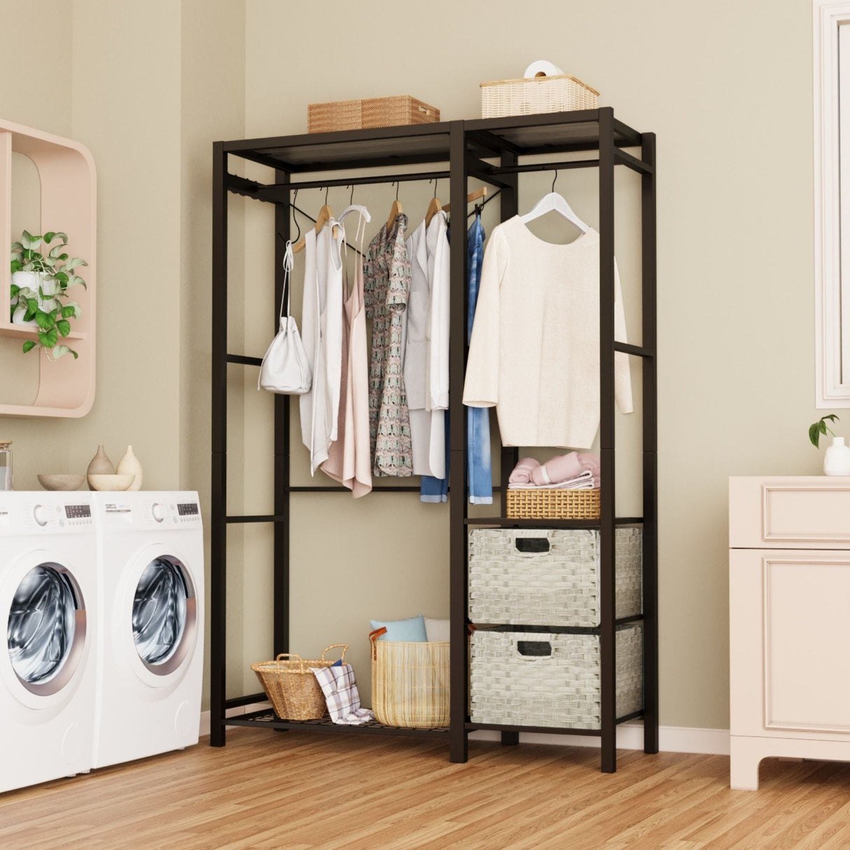 Garment Rack With Shelves, 2 Wicker Drawers, 4 Hooks, Organizer