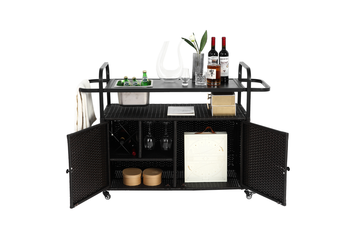 Outdoor Bar Table with Wicker Bar Cart and Steel Top