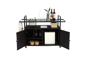 Outdoor Bar Table with Wicker Bar Cart and Steel Top