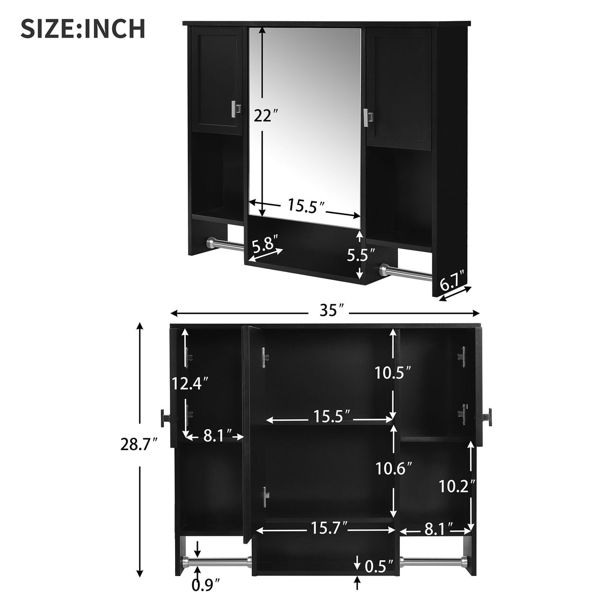 Wall Mounted Bathroom Storage Cabinet with Mirror and Towel Bar - Black, Dark Gray, or White