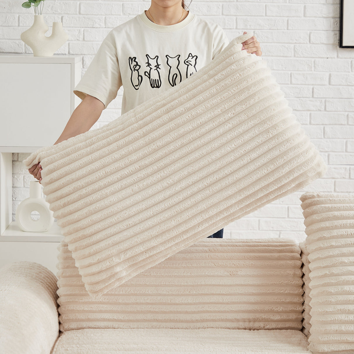 Minimalist Corduroy Sofa Bed with Two Throw Pillows