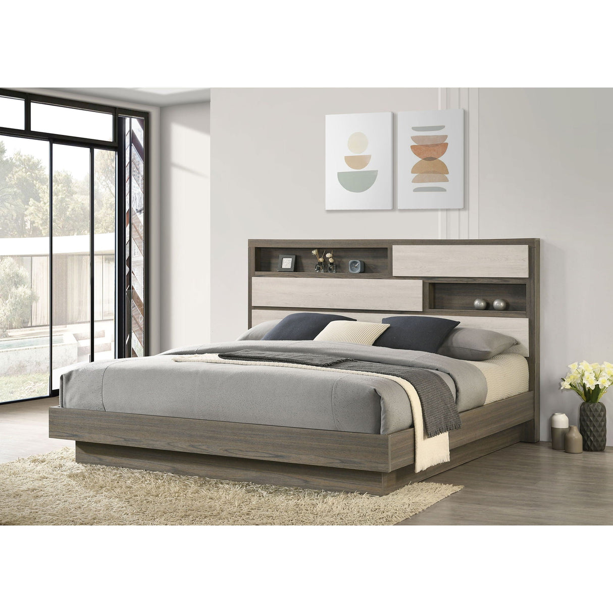 Eastern King Bed Bookcase Headboard With Hidden Storage - Oak