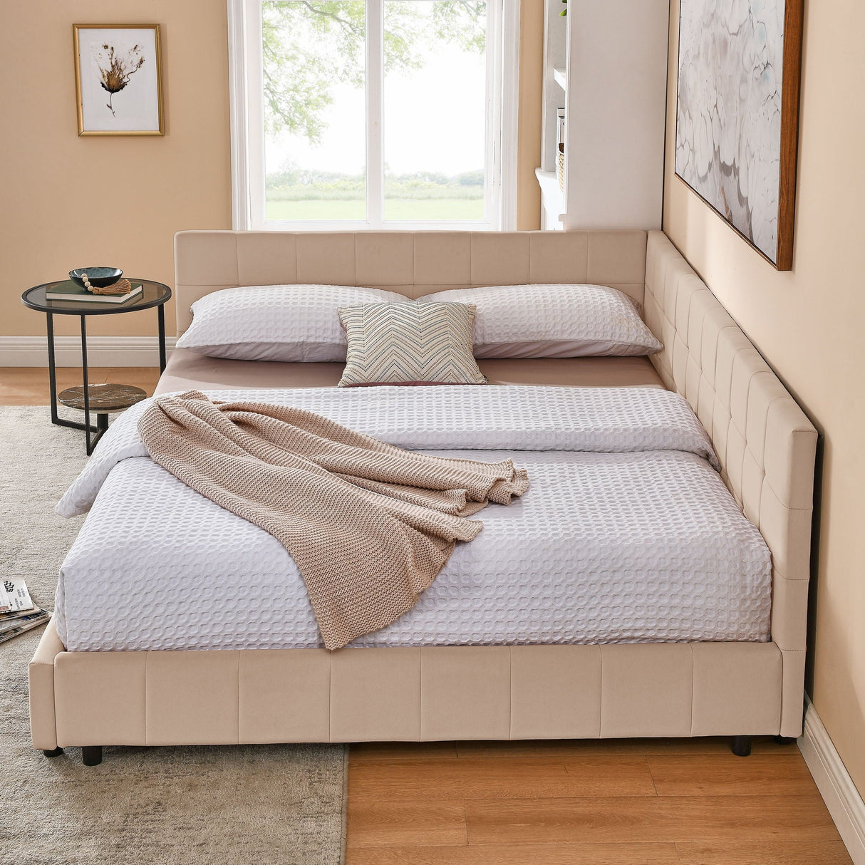 Mid-Century Storage Upholstered Tufted Bed Frame With Backrest And Armrests