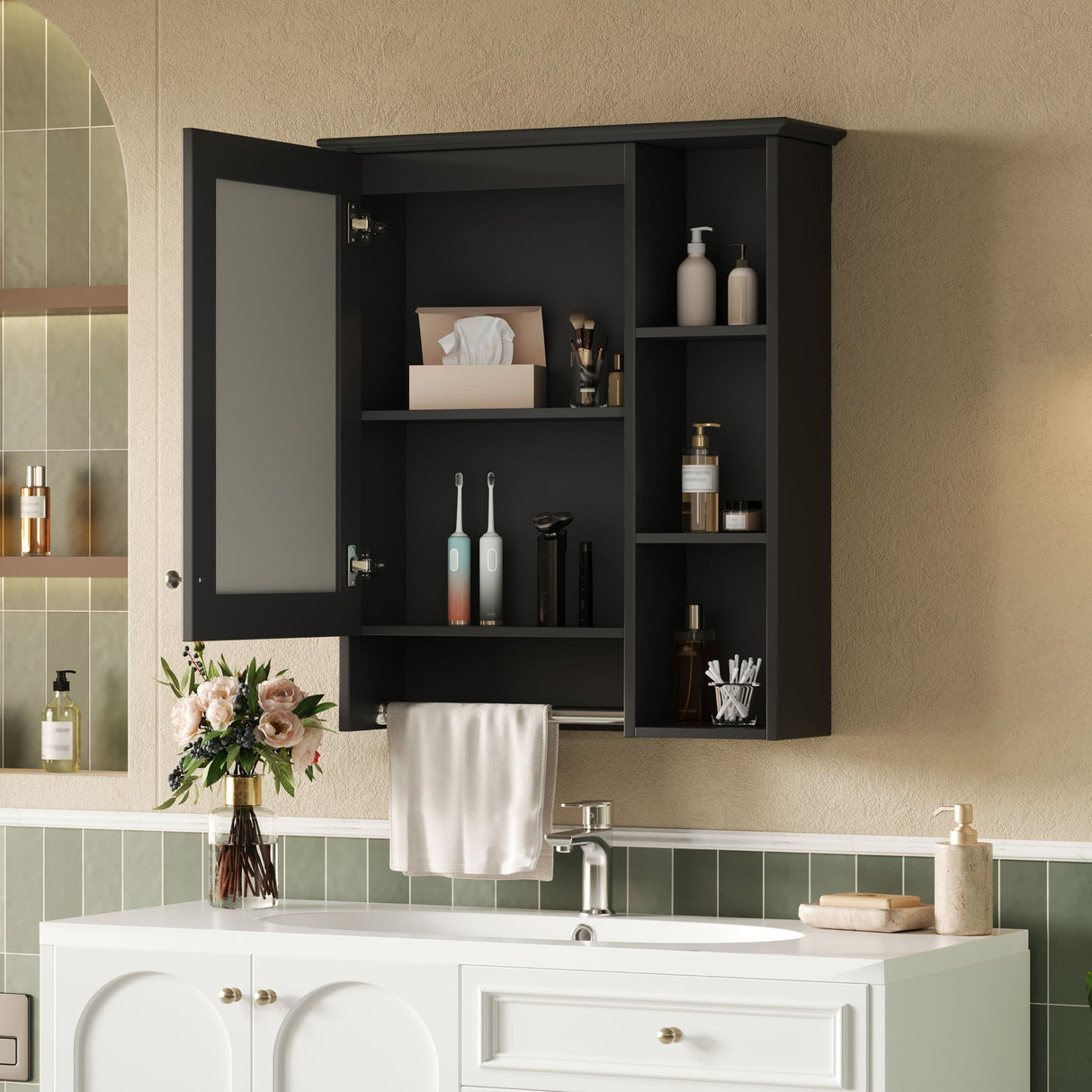 Modern 3 In 1 Bathroom Mirror Cabinet With Adjustable Shelf & Towel Bar