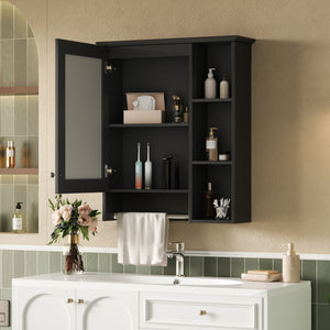 Modern 3 In 1 Bathroom Mirror Cabinet with Adjustable Shelf and Towel Bar - Black or White