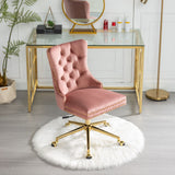 Velvet upholstered tufted chair with golden metal adjustable swivel base