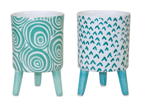 Blue-Patterned-Pot-with-Legs-(Set-of-2)-Pots-&-Planters