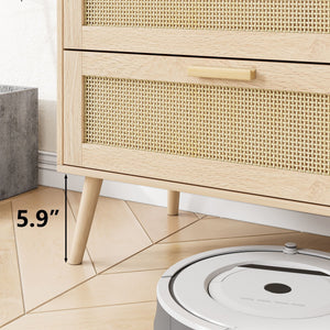 Rattan 6 Drawers Chest Of Dressers For Bedroom, Modern 6 Drawer Dresser, Wide Chest Of Drawers With Wood Handles, Rattan Dresser Storage Cabinet For Living Room, Bedroom, Hallway - Natural Wood / Oak