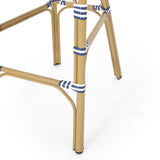 29.5" outdoor pe rattan french barstool, navy blue and white, aluminum frame with bamboo finish (set of 2)