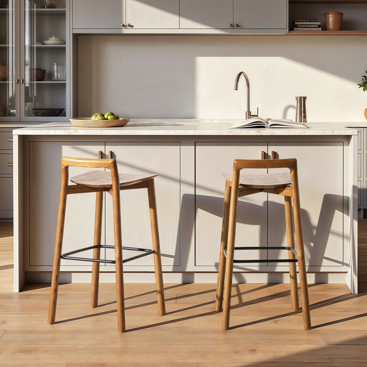 Modern Minimalist Low Back Barstool with Iron Footrest - Walnut