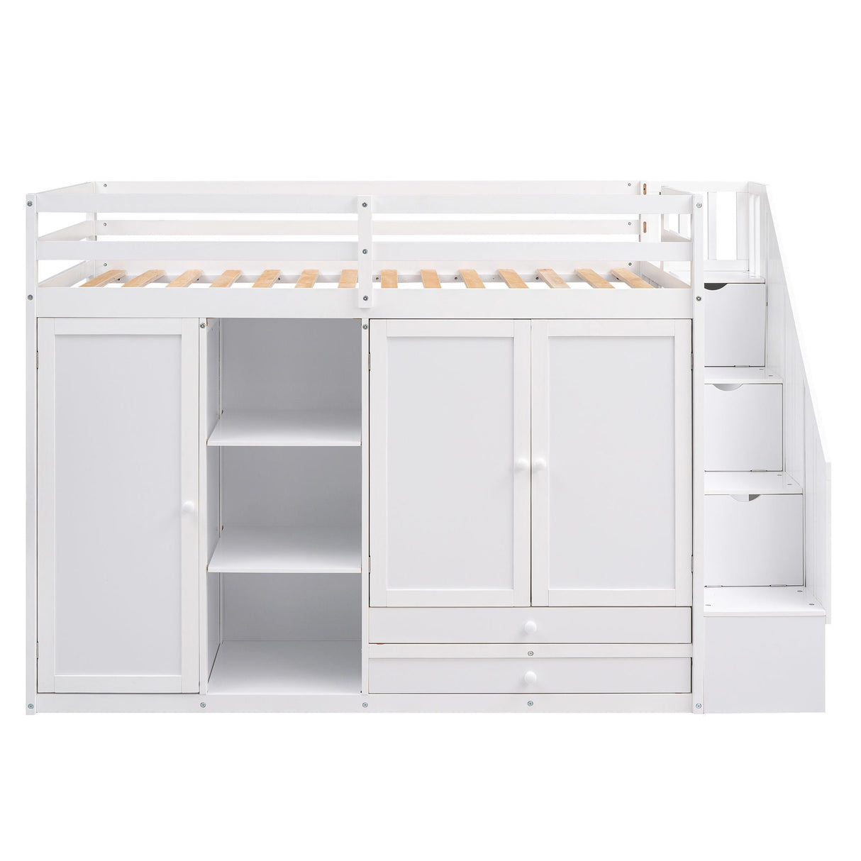 Loft Bed With 3 Shelves, 2 Wardrobes, 2 Drawers, Ladder Storage