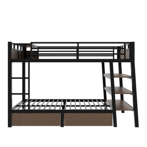 Full Size Metal Bunk Bed with Storage Shelves and USB Power Strip