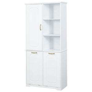 Freestanding Tall Storage Cabinet With 2 Tilt Out Hampers, Adjustable Shelves, Soft Close Door, Door Mounted Organizer - White